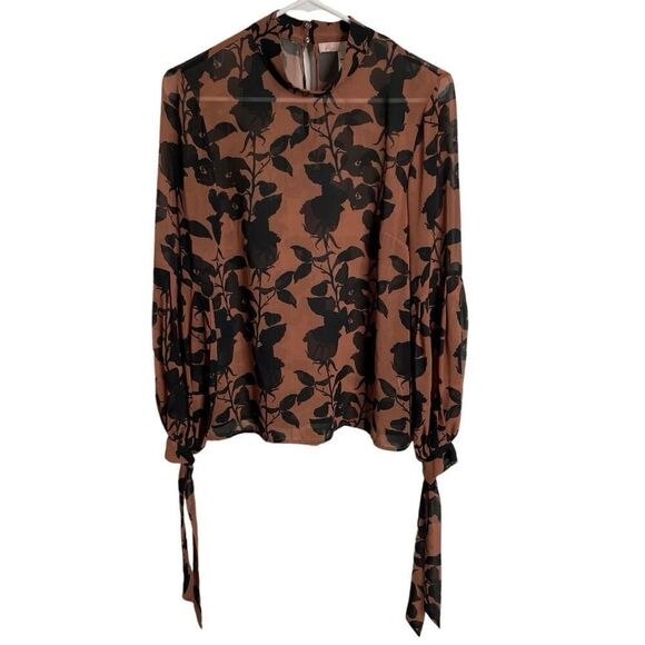 Hutch Tops - Hutch Womens Myla Top S Brown Floral Sheer Whimsigoth Long Sleeve Mockneck